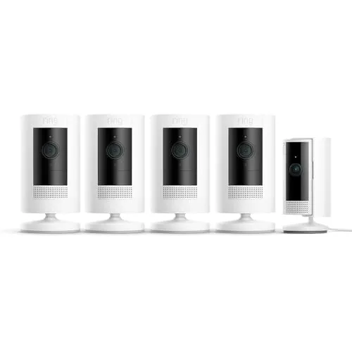 Ring Cámara exterior con batería Pack de 4 (Stick Up Cam) + Cámara interior (Indoor Camera 2.ª gen.) | Cámaras de vigilancia wifi con vídeo HD, comunicación bidireccional | 30 días gratis de Ring Home