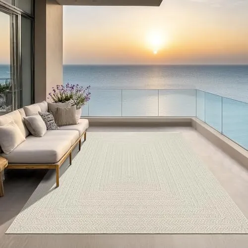 the carpet Kansas - Alfombra para Exterior e Interior con Aspecto de Yute Natural, Resistente a la Intemperie, Apta para Patio y jardín, Crema, 240 x 340 cm