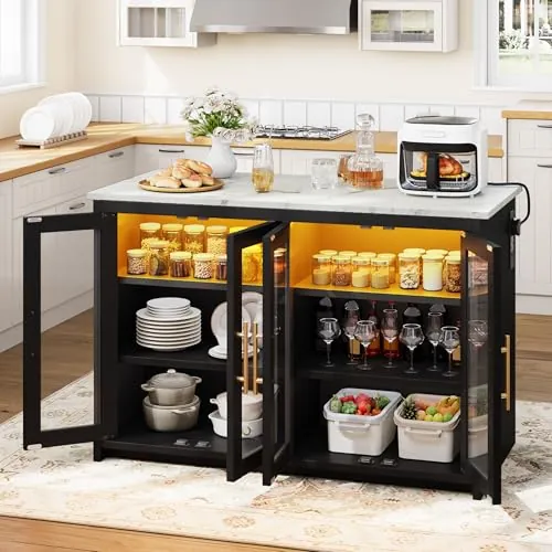 YITAHOME Isla de Cocina con Toma de Corriente y Luces LED, Mesa de Desayuno con Espacio para Sentarse, armarios Dobles con Puertas acrílicas, Armario Ajustable de Tres Capas, 130 x 60 x 88,5 cm
