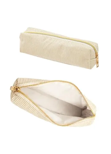 Forevat Estuche para lápices de tela Cord, estuche portátil para la escuela, estuche con gran capacidad y práctico cierre de cremallera, para adolescentes y oficina (Beige)