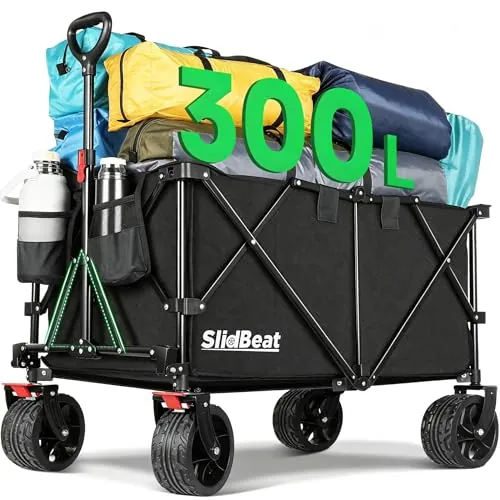 SLIDBEAT Carro de Transporte Plegable Todo Terreno – 226kg/300L, Estructura Triangular, Ruedas de 18cm con Frenos y Lona 600D Impermeable, Jardín, Playa, Camping, Compras y Vacacione