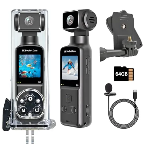 IXROAD 5K Body CAM Camara Corporal, Mini Action CAM Cámara Deportiva Accion con Lente Giratoria de 270° para Vlog POV, Videocamara Acuatica Sumergible con Micrófono Externo, Tarjeta TF de 64 GB