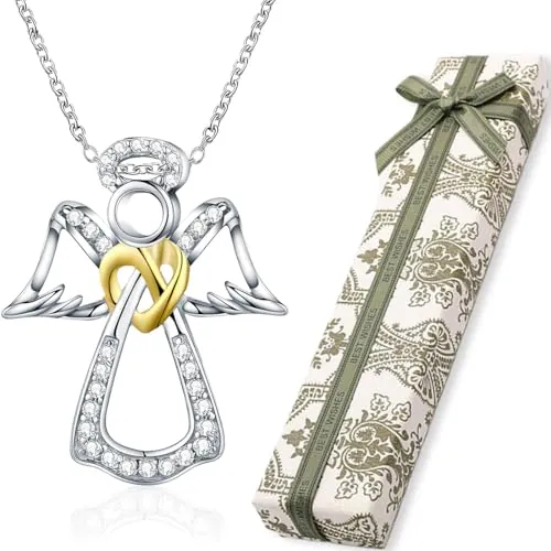 BLPRKOT Cadena de ángel de la guarda de plata de ley 925, colgante de ángel con cristales, bautizo, comunión, regalos de cumpleaños para niñas y niños（Con caja de regalo