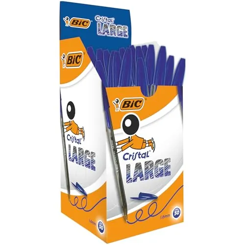 BIC Cristal Large Boligrafos de Punta Media, Para la Escuela, la Oficina o el Hogar, Azul, Paquete de 50 (1,6 mm)