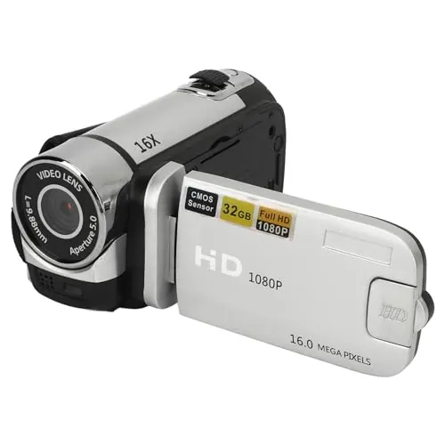 Videocámara D90 1080P, Cámara Digital de 16 MP con Zoom de 16X, Pantalla Giratoria de 2,4 Pulgadas, Luz de Relleno, Antivibración, Grabación en Bucle para Principiantes (Silver)
