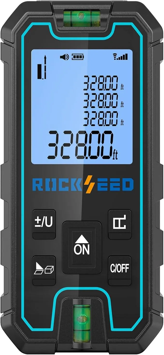 Medición Láser,RockSeed Medidor de Distancia Láser Portátil y Preciso, Herramienta Digital de Medición de Distancia con 2 Niveles de Burbuja, Medición de Distancia Láser con m/in/ft/ft Conversión