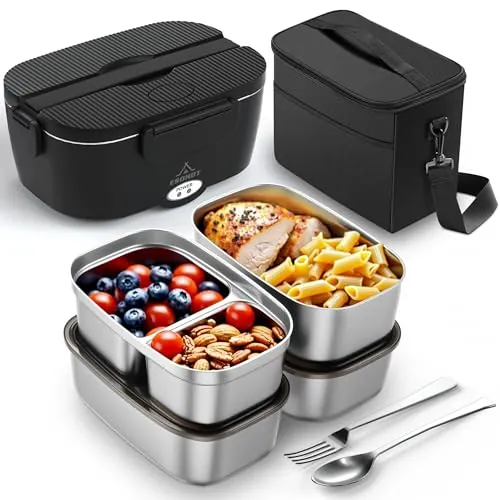 ESOHOT Fiambrera Electrica,120W Taper Electrico para Comida Calentamiento Ultrarrápido 3 en 1 Lonchera Electrica Trabajo 12V/24V/230V Para Viajes, Trabajo, Coche, Camión (1,5L x 4)