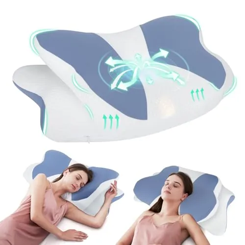 Nuvellina Almohada Cervicales y Cuello, Almohada Cervical Viscoelástica para Cervicales, Tejido Refrescante, Almohada Antirronquidos para Dormir de Lado, Boca Arriba y Boca Abajo, Color Azul Claro