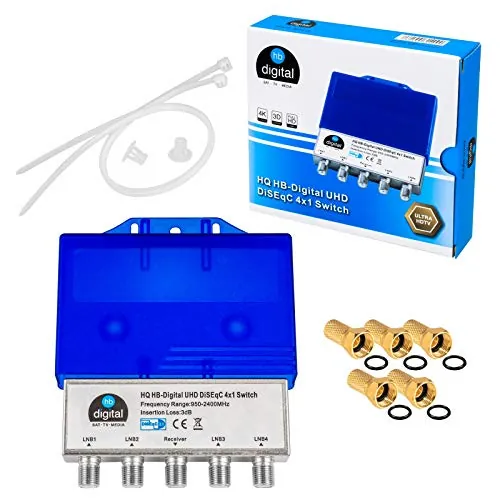 1 interruptor HQ DiseqC 4/1 con carcasa de protección contra la intemperie HB-DIGITAL 4 x SAT LNB 1 x participante/receptor para Full HDTV 3D 4K UHD + 5 x conectores F chapados en oro