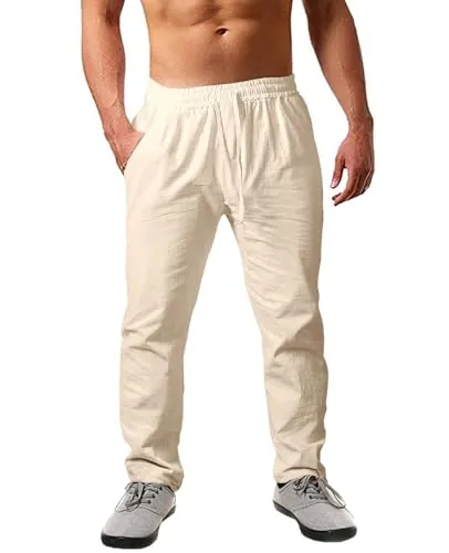 Cegerne Pantalones de Lino para Hombre Pantalón Holgado Casual de Verano Ligero para la Playa con Cordones, Beige-2, XXL