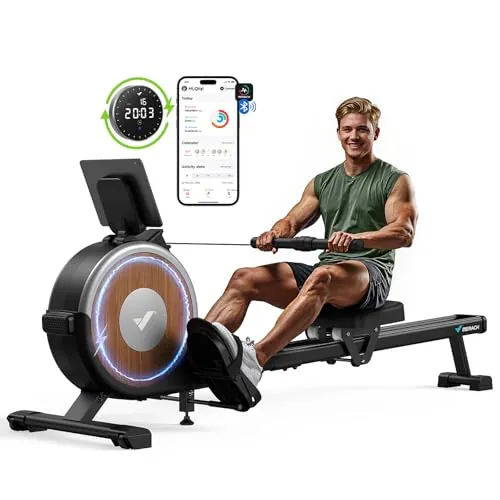 MERACH Máquina de Remo magnética para el hogar, Remo Bluetooth con 16 Niveles de Resistencia, actualización a rieles deslizantes Dobles, Carga máxima de 158 kg, Almacenamiento Vertical, Ahorro de