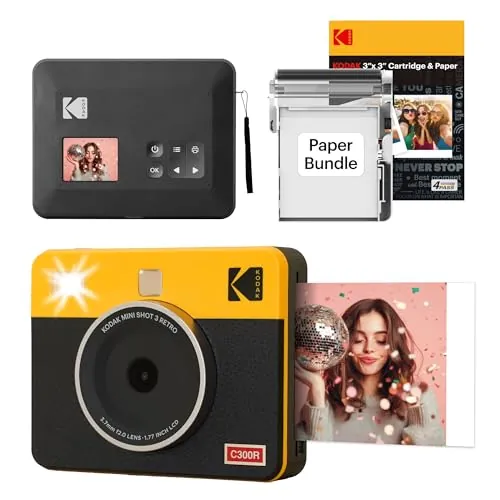 KODAK Mini Shot 3 Retro Cámara Digital Instantánea & Impresora Fotográfica 2-en-1 7,6 x 7,6 cm, 38 Hojas, Cámara Portátil con Impresión, Impresora Bluetooth iOS & Android, Sublimación 4PASS, Amarillo