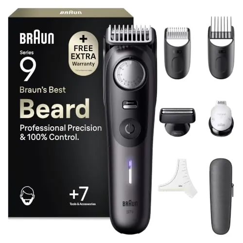 Braun Recortadora de Barba Hombre Series 9, BT9525, Titanio | Barbero Recargable Resistente al Agua, +7 Accesorios para Barba, 180 Min de Autonomía, 52 Longitudes, Lámina Ultra Afilada