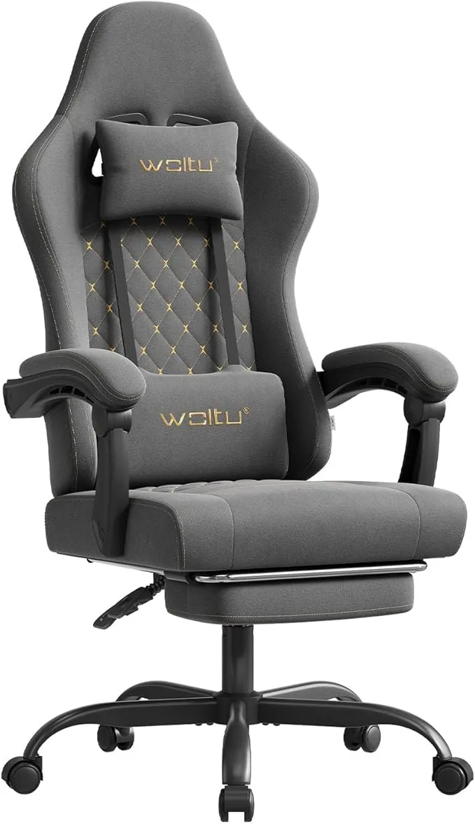 WOLTU Silla Gaming Ergonómica, Silla Oficina con Soporte Lumbar Masaje y Reposapiés Extraible, Silla Giratoria con Gran Asiento de Muelle, Capacidad de 150 kg, Tela Sintética, Gris+Amarillo