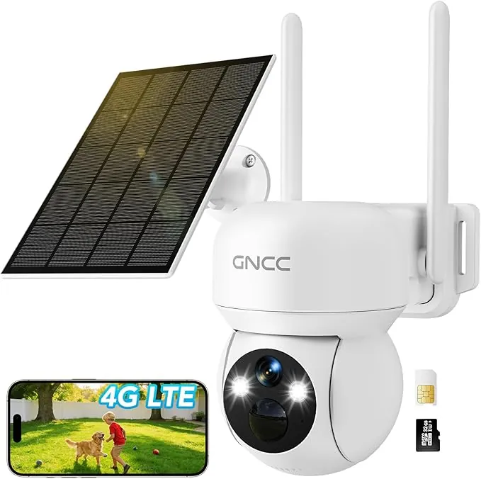 GNCC 4G LTE Cámara Vigilancia Exterior con Sim, 2K 3MP Camara Exterior Solar sin WiFi, 7800mAh, Visión Nocturna en Color, PTZ 355°/90°, Audio Bidireccional, PIR, Detección de Movimiento, Alarma, IP65