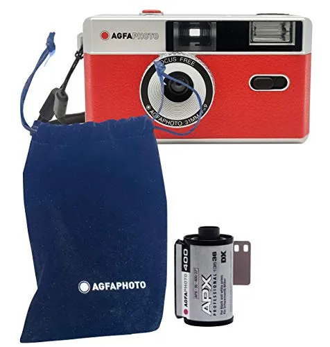 AgfaPhoto Cámara de Fotos analógica de 35 mm, Color Rojo + Negro/Blanco + película + batería