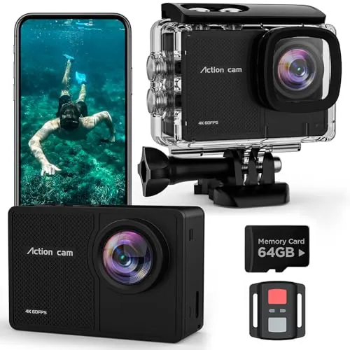 TIMNUT 4K 60FPS Cámara Deportiva - 48MP WiFi Videocámara con Tarjeta SD 64G,170° EIS Cámara Acuática, Cámara Subacuática 40M, Cámara de Acción para Casco con Control Remoto, 2 * 1350mAh Baterías