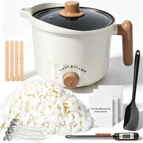 Kit para hacer velas, Kit de fabricación de velas incluye 1.8 L olla eléctrica de fundir cera, 460g de cera de soja, 50 mechas, 40 pegatinas, 1 termómetro,set de regalo para manualidades adultos niños