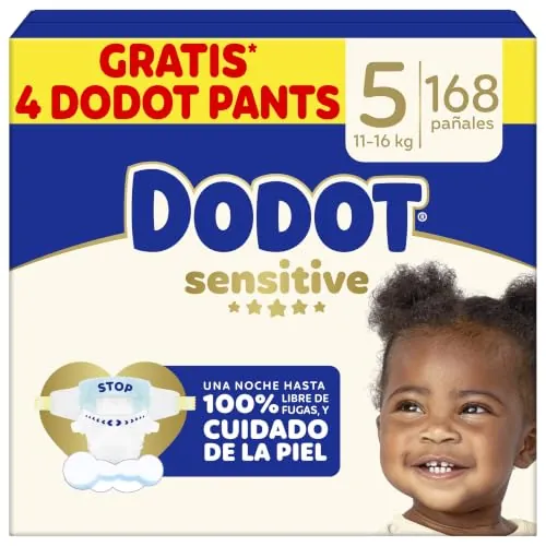 Dodot Pañales Bebé Sensitive, Talla 5 (11-16 kg), 168 Pañales + 4 Pants de Regalo, Hasta 12 h De Protección Antifugas y Cuidado de la Piel, Pack Mensual