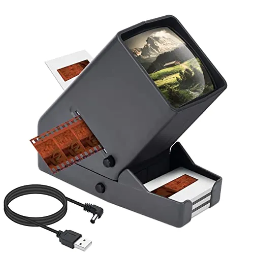 Visor de Diapositivas de 35 mm - Visor de Diapositivas con 3 Aumentos y Proyector de Diapositivas Iluminado por LED para Diapositivas Antiguas con Cable de Alimentación USB o Funcionamiento con Pilas