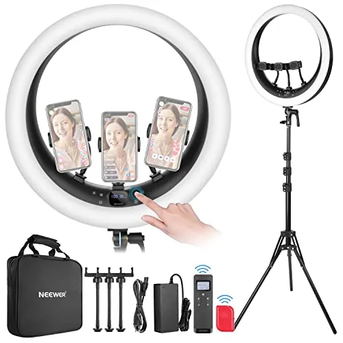 NEEWER RP19H 19" Aro de Luz con Trípode y 3 Soporte Móvil, 2.4G Actualizado y Control Táctil, Atenuación Suave al 1%, 42W CRI 97+ 2540lux, Anillo de Iluminación para Streaming Home Office Zoom Call