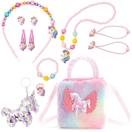 DKDDSSS 12 Piezas Bolso Unicornio y Joyería de Unicornio, Unicornio Juguete, Unicorn Pulsera Collar Anillo Aretes Conjunto de Accesorios Pelo, Unicornio Regalos de Cumpleaños
