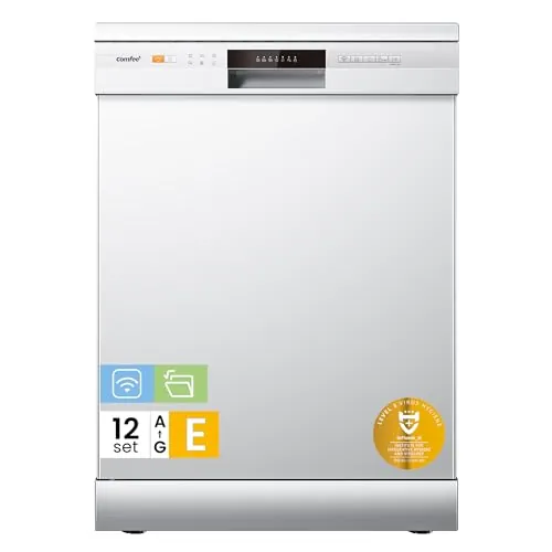 COMFEE' CDWPF1201PW-WE-EU Lavavajillas de Libre Instalación, 60cm, con 12 Cubiertos, 8 Programas, 70 ℃ Lavado Higiénico, Lavado Rápido, Control por botón, WiFi y IOT Función, Cloud Wash, Blanco