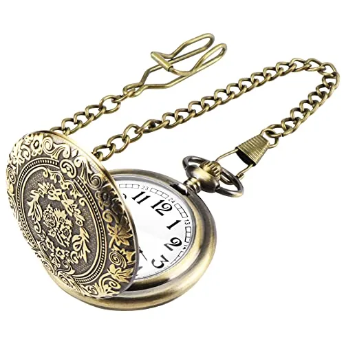 JSMTKJ Reloj de Bolsillo de Cuarzo con Cadena de números árabe clásico y Vintage para Hombres Mujeres Padre Cumpleaños Aniversario Bronce (Bronce)