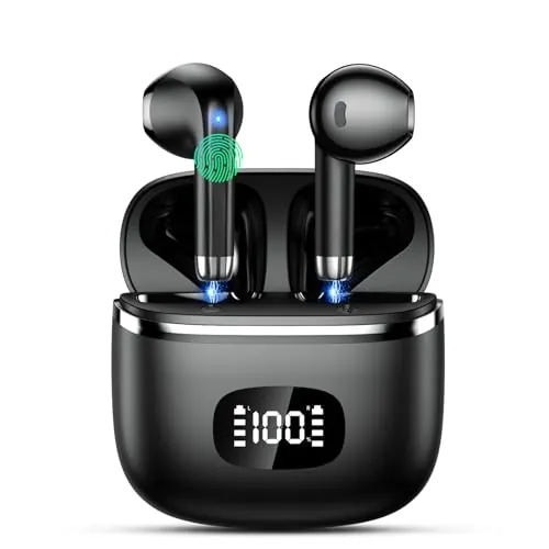 POMUIC Auriculares Inalámbricos Bluetooth, Cascos Inalambricos Bluetooth 5.3 con 4 HD Mic HiFi Estéreo, Auriculares Inalambricos con Potentes Altavoces de 13.4 mm, LED Pantalla, IPX7 Impermeable
