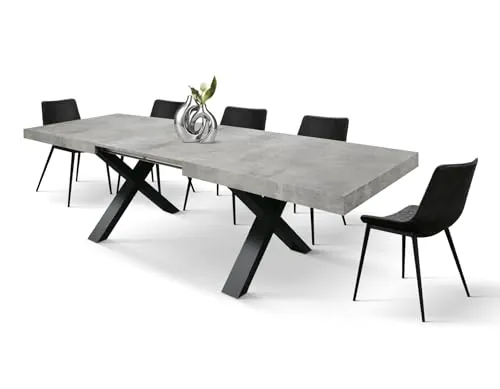 PAZZO DESIGN Mesa extensible Pantaleo, mesa de salón, cocina, patas cruzadas x negras, fabricada en Italia, gris cemento, 180 x 90 x 76 cm - id_2066