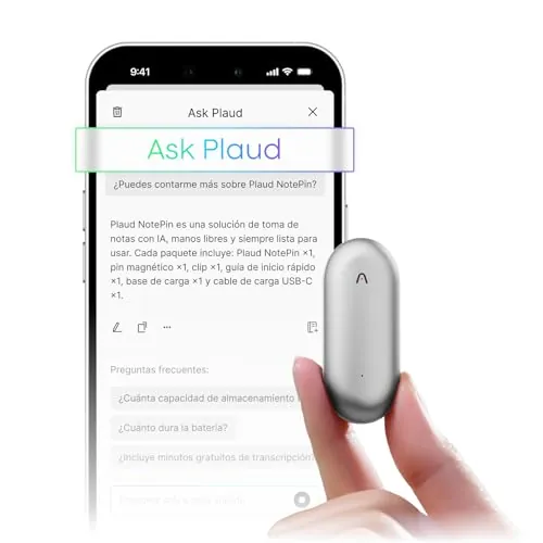 Plaud NotePin Grabadora de Voz con IA, Control por App para Tomar Notas, transcripción y Resumen con IA, soporta 112 Idiomas, 64 GB, grabadora de Audio para conferencias, reuniones, Teams, Plata Lunar