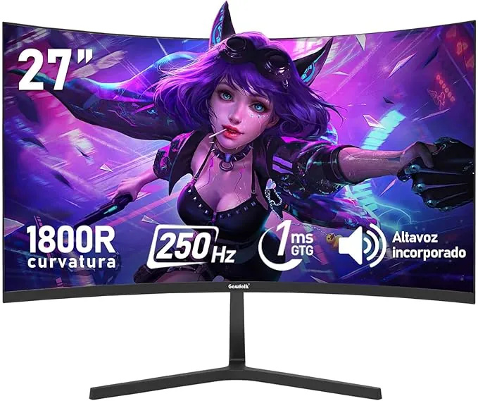Gawfolk Panel de 27 Pulgadas, Monitor de computadora Curvo Gaming 1800R 250Hz, FHD 1080p 1ms, Freesync, 98% sRGB, Altavoces Integrados, HDMI 2.0, DisplayPort, Compatible con Montaje en Pared - Negro