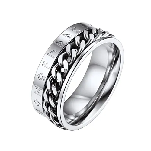 FaithHeart Anillo de acero inoxidable para hombre y mujer, cadena, anillo de dedo para girar, runa vikinga, punk, vikingo, joyería hip pop, anillo con caja de regalo para cumpleaños, día de San