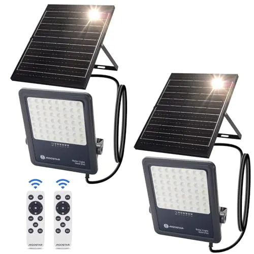 Aigostar Foco proyector LED solar con control remoto,focos solare de 300W, 3000LM,luz blanca fría de 6500K,IP65 impermeable Luz solar exterior,para jardín,terrazas,garajes,cable de 2M,Paquete de 2