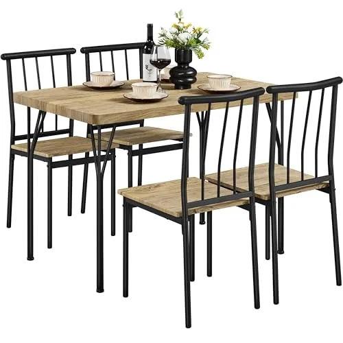 Yaheetech Juego Mesa y 4 Sillas de Comedor Madera y Metal 110X70 cm Marrón | Conjunto Mesa y 4 Sillas de Comedor, Tablero de 4 cm, Sillas Apilables, Estilo Industrial,para Cocina Pequeña, Terraza