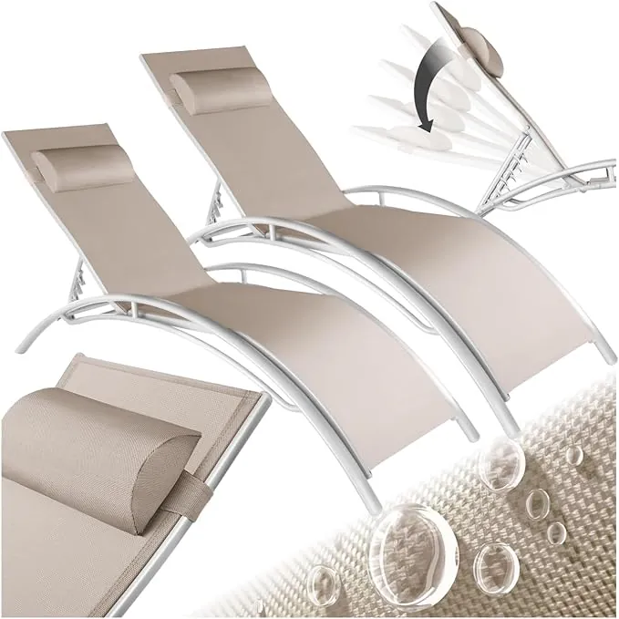 tectake® Set de 2 Tumbonas Jardín Exterior, Tumbona con Reposacabezas para Playa y Reclinable en 7 Posiciones, Tumbona Piscina en Aluminio, Carga Máx. 120 kg, Fácil Montaje - Beige