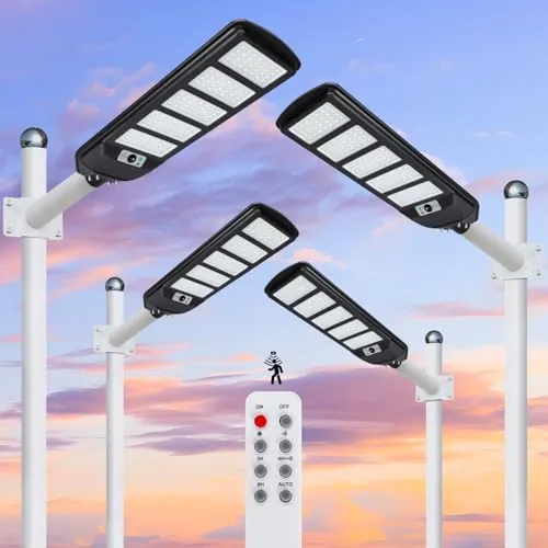 Aigostar- 4Uds 300W Farola solar LED exterior con sensor de movimiento, mando a distancia, 3000LM luz blanca. Foco solar LED potentes con temporizador, impermeable protección IP65. No incluye soporte