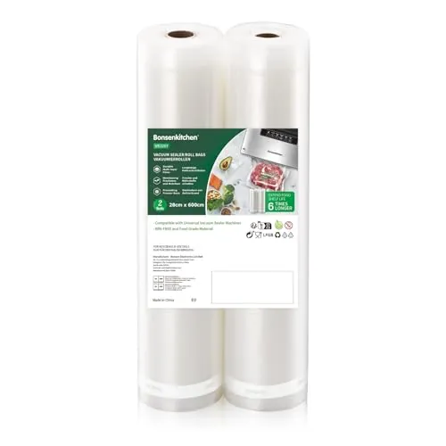 Bonsenkitchen Rollos al Vacio para Envasadora al Vacío, 2 Rollos 28 x 600cm Bolsas de Vacio Gofradas para Conservación de Alimentos y Sous Vide Cocina & Boilable, BPA Free, VB3207