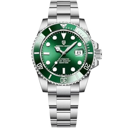 Pagani Design NH35 - Reloj mecánico automático para Hombre, Correa de Goma, Cristal de Zafiro, Resistente al Agua, Plateado Negro (Verde)