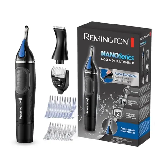 Remington Cortapelos Nariz y Orejas Nano Series, Recortador Pelos Nariz, Orejas, Cejas y Vello Facial, Recortador Vertical, 2 Peines, Cortador Precisión con Peine Ajustable, Resistente Agua - NE3870