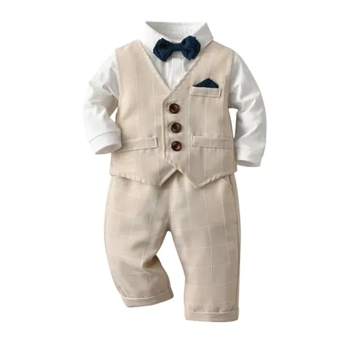 Volunboy Trajes para Bebé Niños de Boda, Bautizo Conjunto de Chaleco, Camisa, Pantalón, Pajarita（9-12 Meses，Caqui，Tamaño 70）