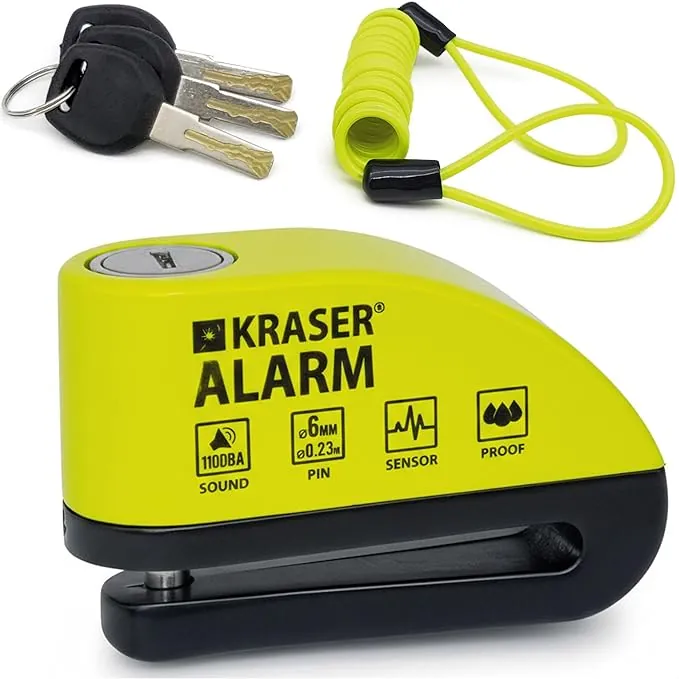 KRASER WA6Y Candado Moto con Alarma 110dB, Antirrobo Disco Reforzado, 3 Llaves (Otros 2) Alta Seguridad, Impermeable, Accesorios Cable Bolsa Pilas, Pinza Cepo Bloqueo 6mm Universal Scooter Bicicleta
