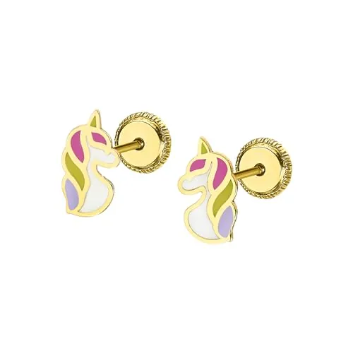 TIME ROAD Pendientes Niña de Oro 9K LG00186 - Cierre Seguro de Rosca - Pendientes de Unicornio - Infantil - Ideal como Regalo de Comunión o Cumpleaños