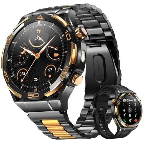 IOWODO Reloj Inteligente Hombre Lujo con ChatGPT/GPS/Brújula, 1.43" AMOLED Smartwatch Hombre con Linterna,Chapado 14K,Llamadas Bluetooth,Monitor Salud,20 Días Batería,100+ Modos Deportivos, 2 Correas