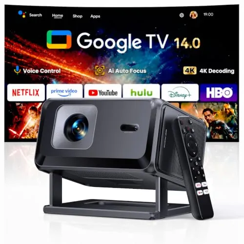 Proyector 4K [Google TV 14.0 y Dolby Audio] Proyector portátil 1080P FHD, Enfoque automático y corrección Trapezoidal, WiFi 6 BT 5.4, Projector con Soporte Giratorio para Cine en casa/Exteriores