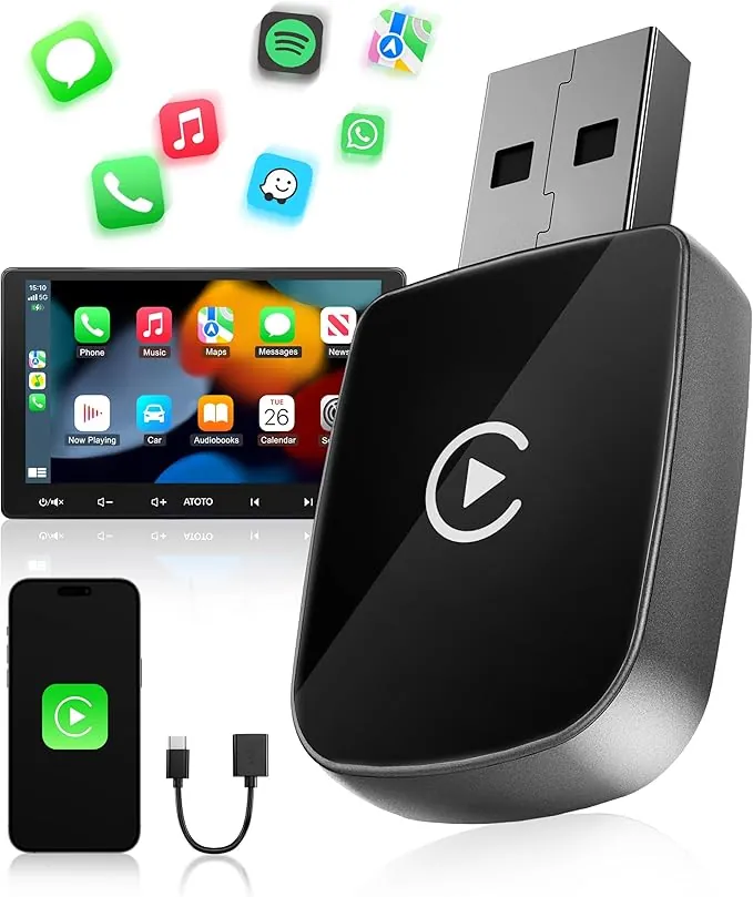 Adaptador CarPlay Inalámbrico, Bluetooth V5.3 Conexión Estable, 5.8GHz WiFi de Alta Velocidad, USB A/C, para Apple iPhone iOS 10+, Convierte Conexión con Cable en Inalámbrica
