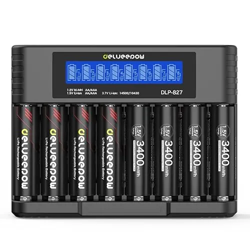 Delyeepow Pilas AA Recargables 1.5V 3400mWh + Cargador LCD, 8 Unidades