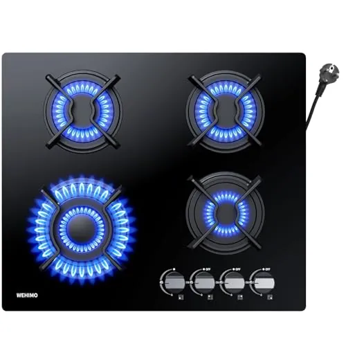 Wehimo - Placa de cocina de gas de 4 fuegos, mesa de cocción de gas 60 cm, rejilla hierro fundido, 7800 W, cristal negro