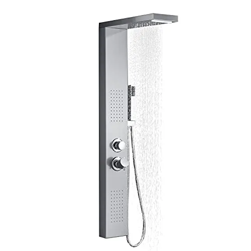 UISEBRT Columna de Ducha Multifunción 4 en 1 de Acero Inoxidable - Panel Con Lluvia, Masaje, Cascada y Alcachofa de Mano (Plata)