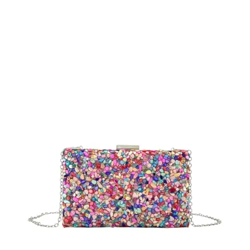 MODELISA - Bolso Clutch Piedra Cartera De Mano Fiesta Cadena Hombro Evento Noche Comunion Boda Novia Mujer (Plata)